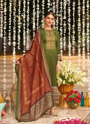 Bandhani Green Digital Printed Designer Dress Material with Neck Embroidery