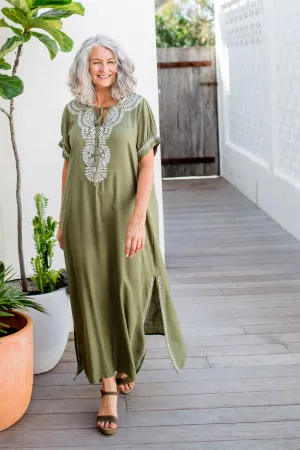 Embroidered Green Kaftan Maxi Dress