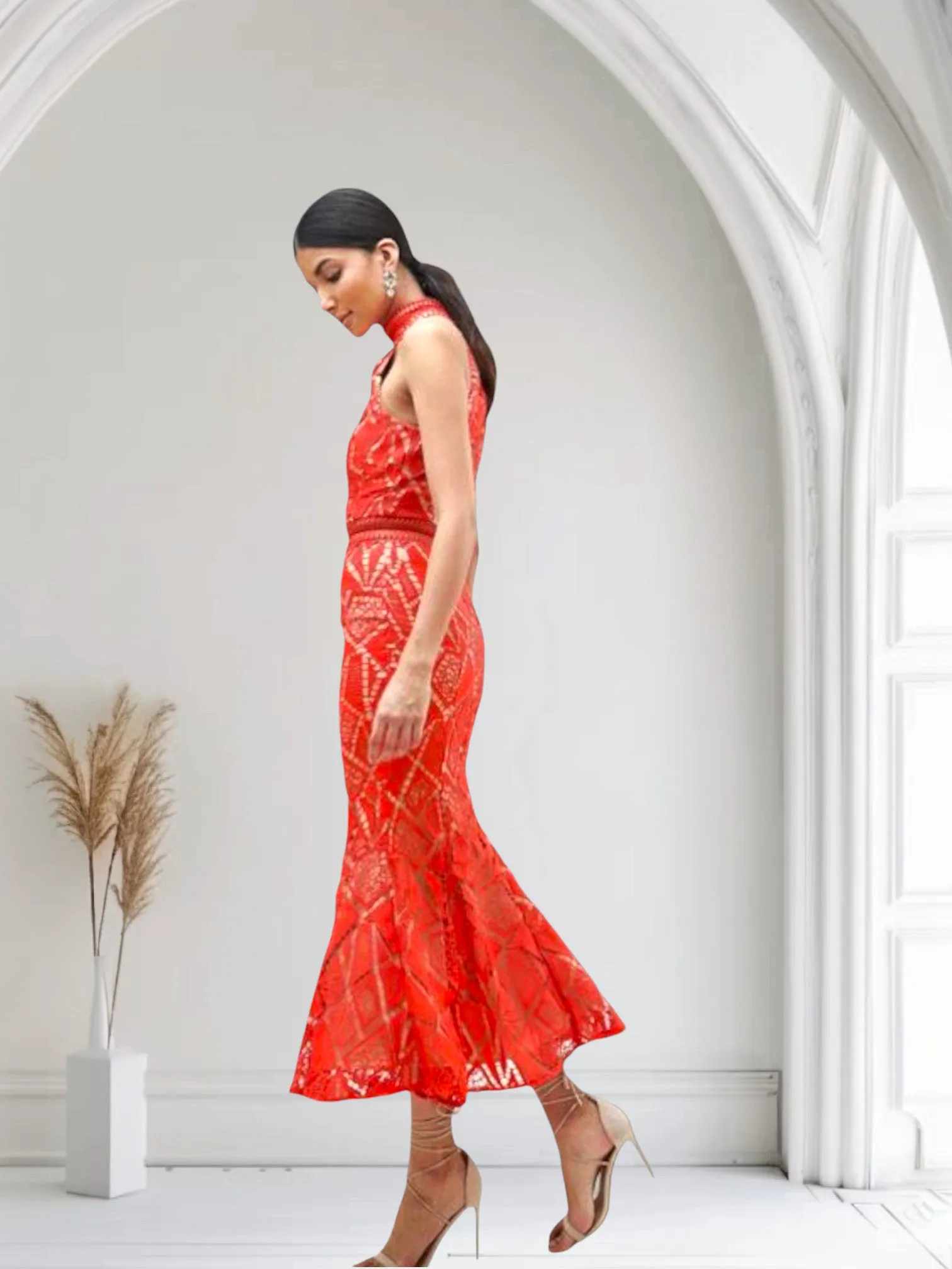 Jarlo Tall Orange Lace High Neck Fishtail Detail Dress UK 6 US 2 EU 34 IT 38