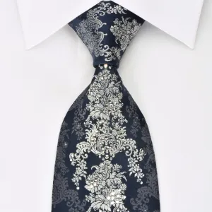 Lancetti Rhinestone Necktie Silver Baroque On Navy With Silver Sparkles