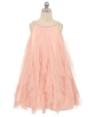 Mesmeric Mesh Ruffle Dress with Beaded Neckline - Blush