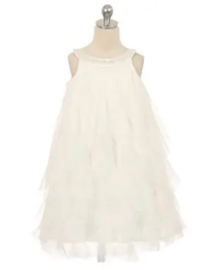 Mesmeric Mesh Ruffle Dress with Beaded Neckline - Ivory