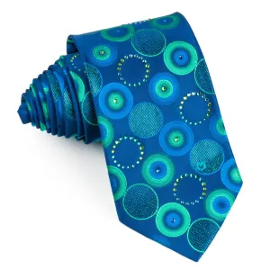 Mila Schon Silk Neck Tie Turquoise Geometric Circles On Blue With Rhinestones