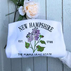 New Hampshire State Sweatshirt or Hoodie, Embroidered Gift - Est. 1788 Purple Lilac Flower