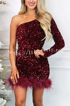 Queen of Gems Sequin Feather Trim One Shoulder Party Mini Dress