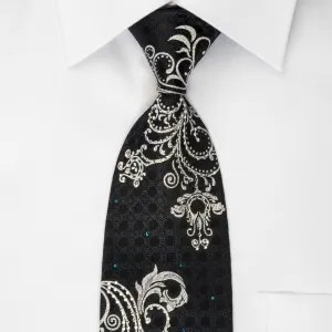 Remizio Rhinestone Silk Necktie Silver Scrolls & Damask On Black