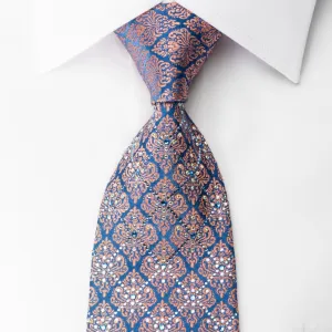 Renoma Men's Silk Tie Orange Damask On Blue Sparkling With Rhinestones