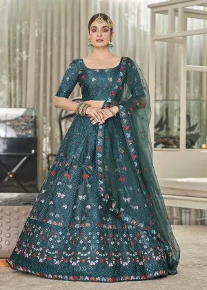 Teal Green Multi Sequins & Thread Wedding A Line Lehenga