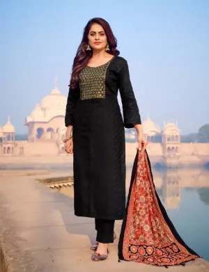 Unstitched Black Cotton Salwar Suit Dress Material with Embroidery